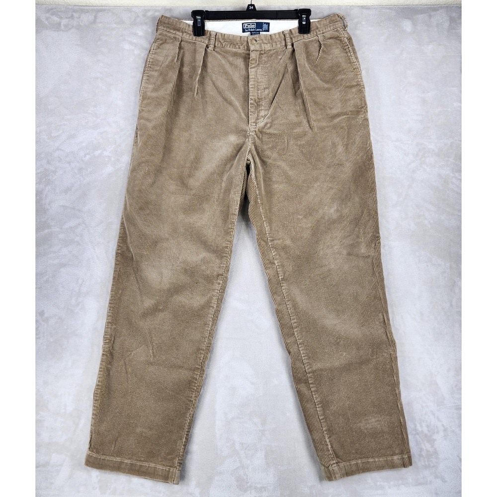 Polo Ralph Lauren Corduroy Pants Mens 38x32 Beige Andrew Pleated Classic Fit - Picture 1 of 13